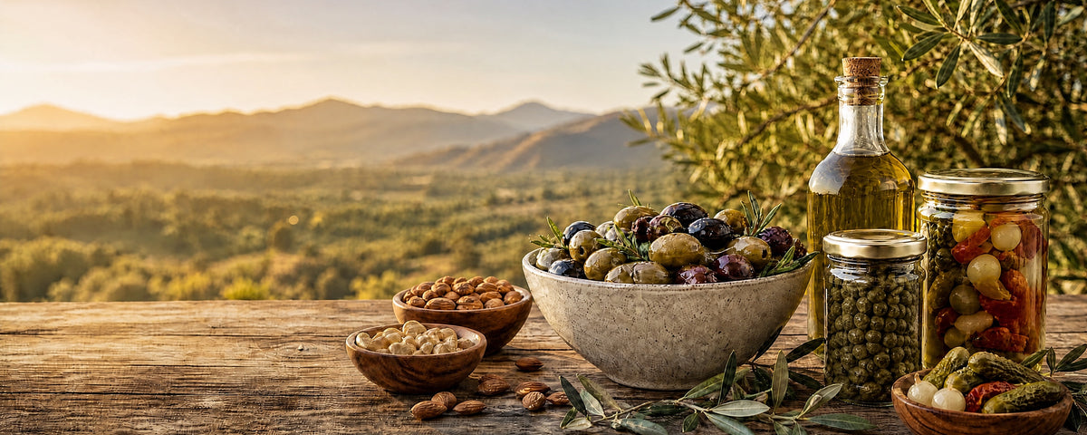 Aceitunas, frutos secos y frascos de vidrio sobre mesa de madera con valle de fondo